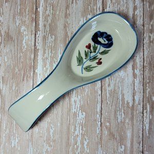 Vintage Spoon Rest Hand Painted Country Cottagecore Blue Stoneware